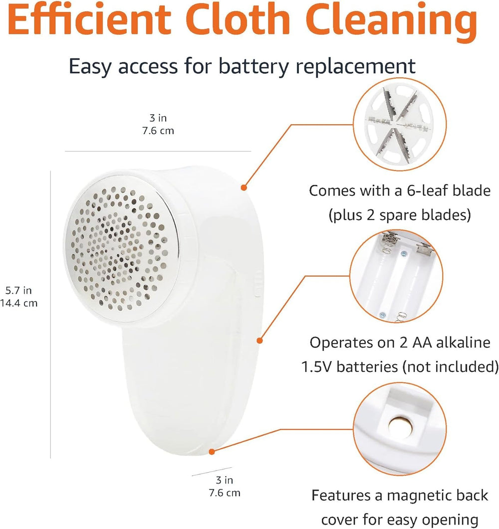 Battery Operated Fabric Shaver for Lint and Fuzz Removal, Includes 2 Spare Blades, White