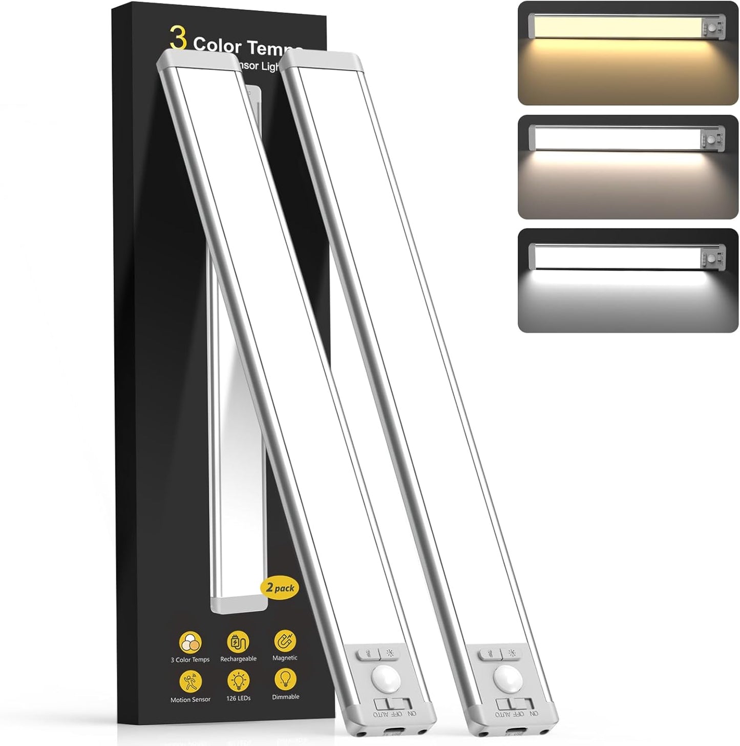 10inch Under Cabinet Lighting, 2 Pack Rechargeable Motion Sensor Light Indoor, 5 Levels Dimmable Magnetic Closet Lights, Wireless Under Counter Lights for Kitchen, Stairs