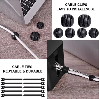 Cable Management Box, 2 Pack Large & Medium Cable Organizer Box with 17 PCS Cable Management Set, Cord Organizer Box to Hide Surge Protector on Desk or Floor (Black)