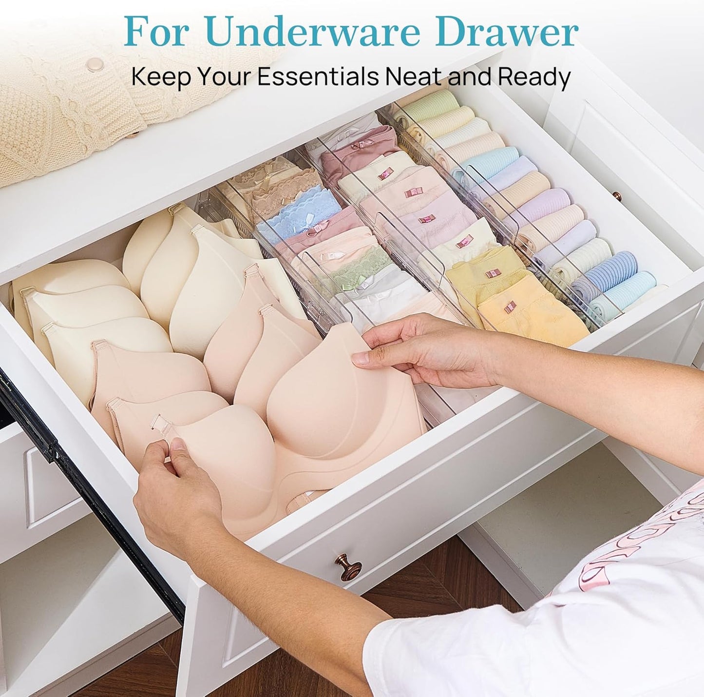 12 Pack Drawer Dividers for Clothes, 4" High 10.2"-16.5" Adjustable Expandable Dresser Drawer Organizer, Clear Plastic Separators for Dresser, Baby Clothing, Underwear, Cosmetic, Toiletries