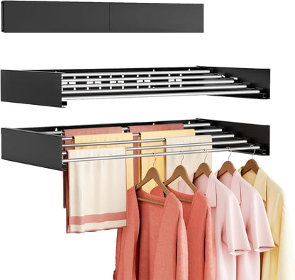 Wall Mounted Clothes Drying Rack Folding Indoor, Foldable Laundry Drying Rack Collapsible,Invisible, Space Saving, Retractable Towel Drying Rack, with Wall Template(5 Drying Rods, White 32")