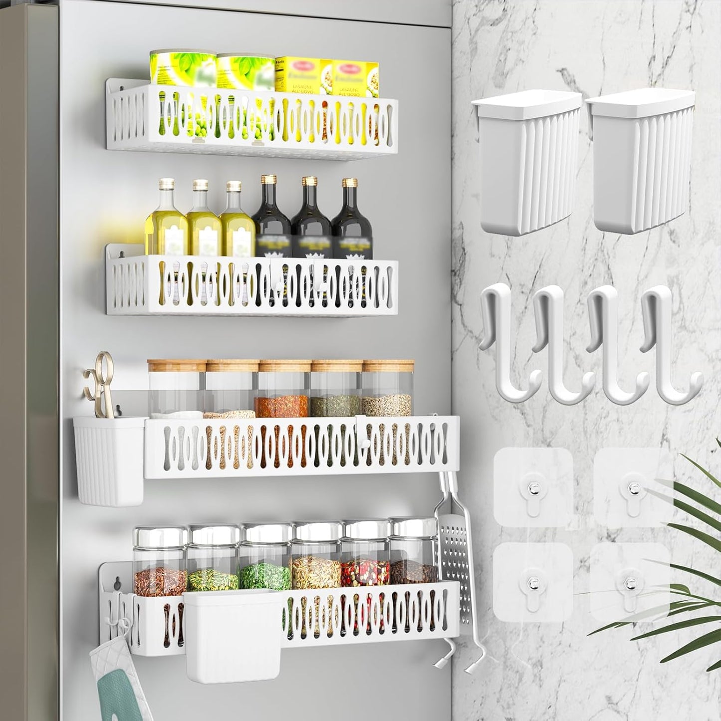 4 Pack Strong Magnetic Spice Rack for Refrigerator, Multipurpose Magnetic Shelf for Fridge with 4 Hooks for kitchen and Bathroom Organization, Black