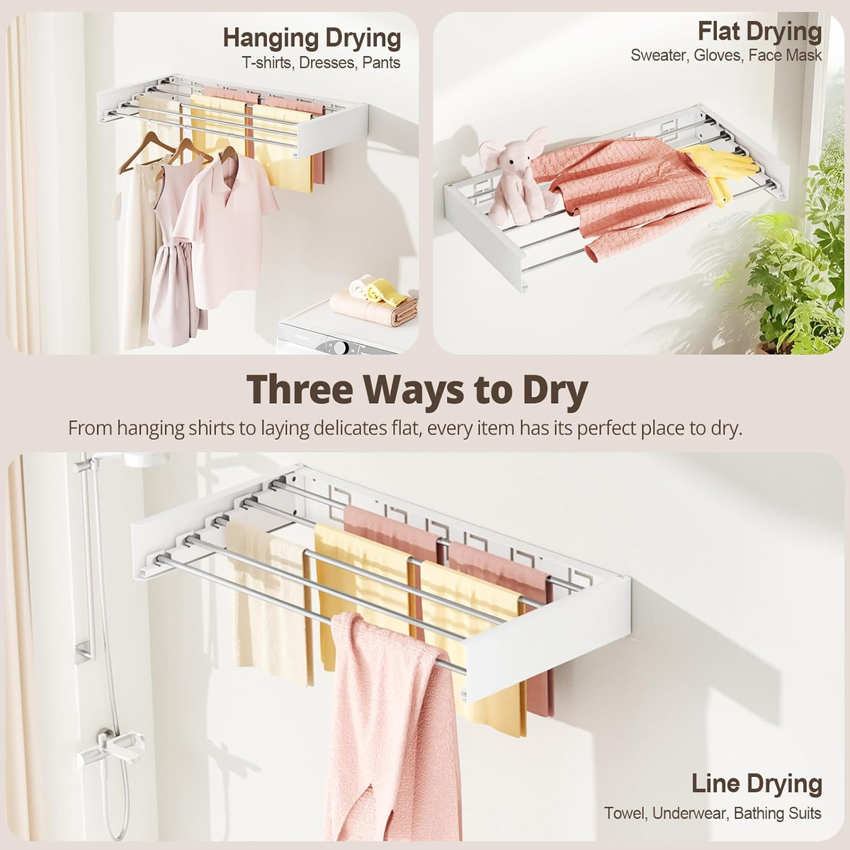 Wall Mounted Clothes Drying Rack Folding Indoor, Foldable Laundry Drying Rack Collapsible,Invisible, Space Saving, Retractable Towel Drying Rack, with Wall Template(5 Drying Rods, White 32