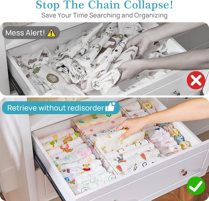 12 Pack Drawer Dividers for Clothes, 4" High 10.2"-16.5" Adjustable Expandable Dresser Drawer Organizer, Clear Plastic Separators for Dresser, Baby Clothing, Underwear, Cosmetic, Toiletries