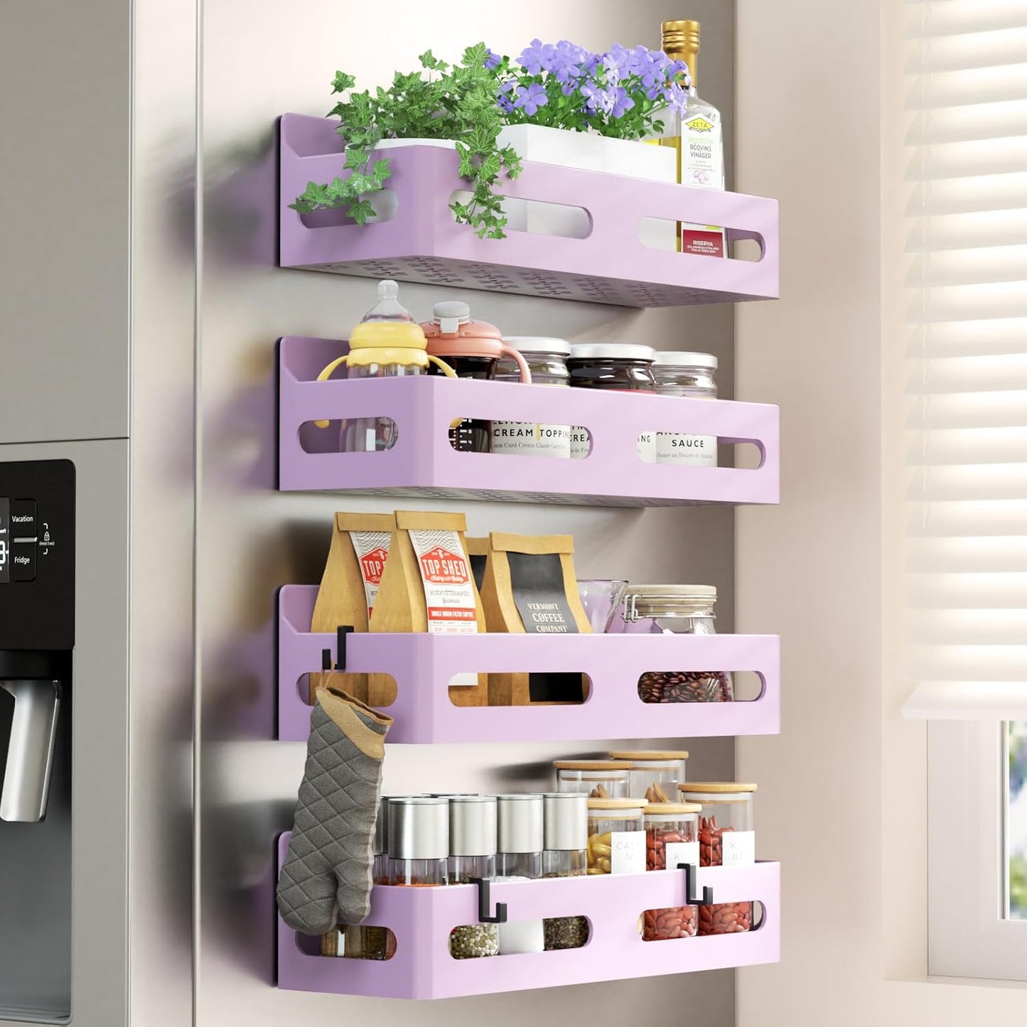 4 Pack Strong Magnetic Spice Rack for Refrigerator, Multipurpose Magnetic Shelf for Fridge with 4 Hooks for kitchen and Bathroom Organization, Black