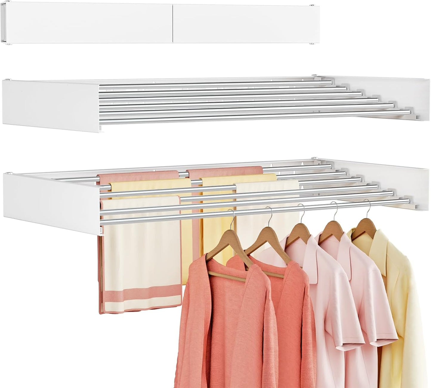 Wall Mounted Clothes Drying Rack Folding Indoor, Foldable Laundry Drying Rack Collapsible,Invisible, Space Saving, Retractable Towel Drying Rack, with Wall Template(5 Drying Rods, White 32")