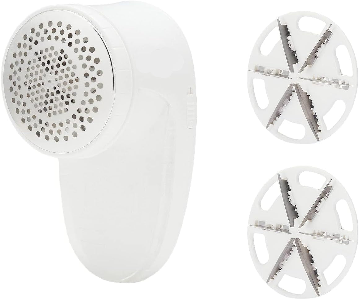 Battery Operated Fabric Shaver for Lint and Fuzz Removal, Includes 2 Spare Blades, White