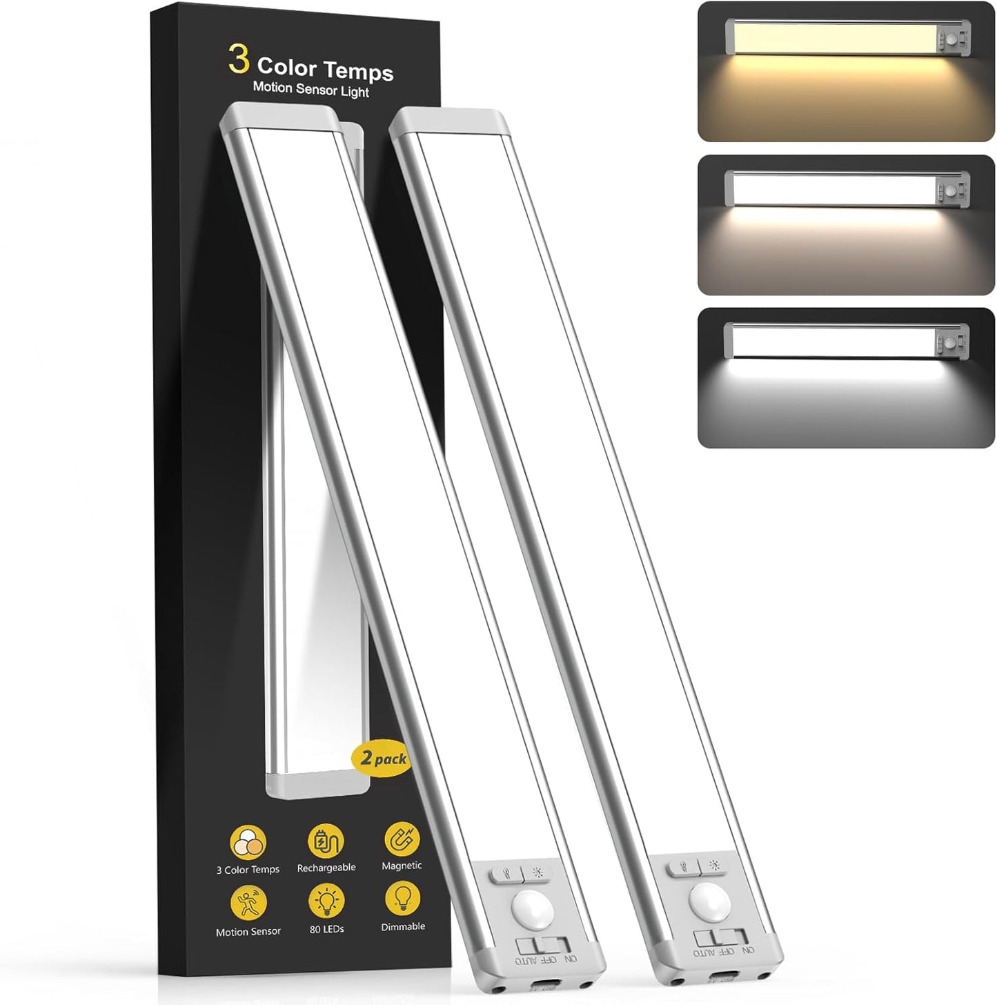 10inch Under Cabinet Lighting, 2 Pack Rechargeable Motion Sensor Light Indoor, 5 Levels Dimmable Magnetic Closet Lights, Wireless Under Counter Lights for Kitchen, Stairs