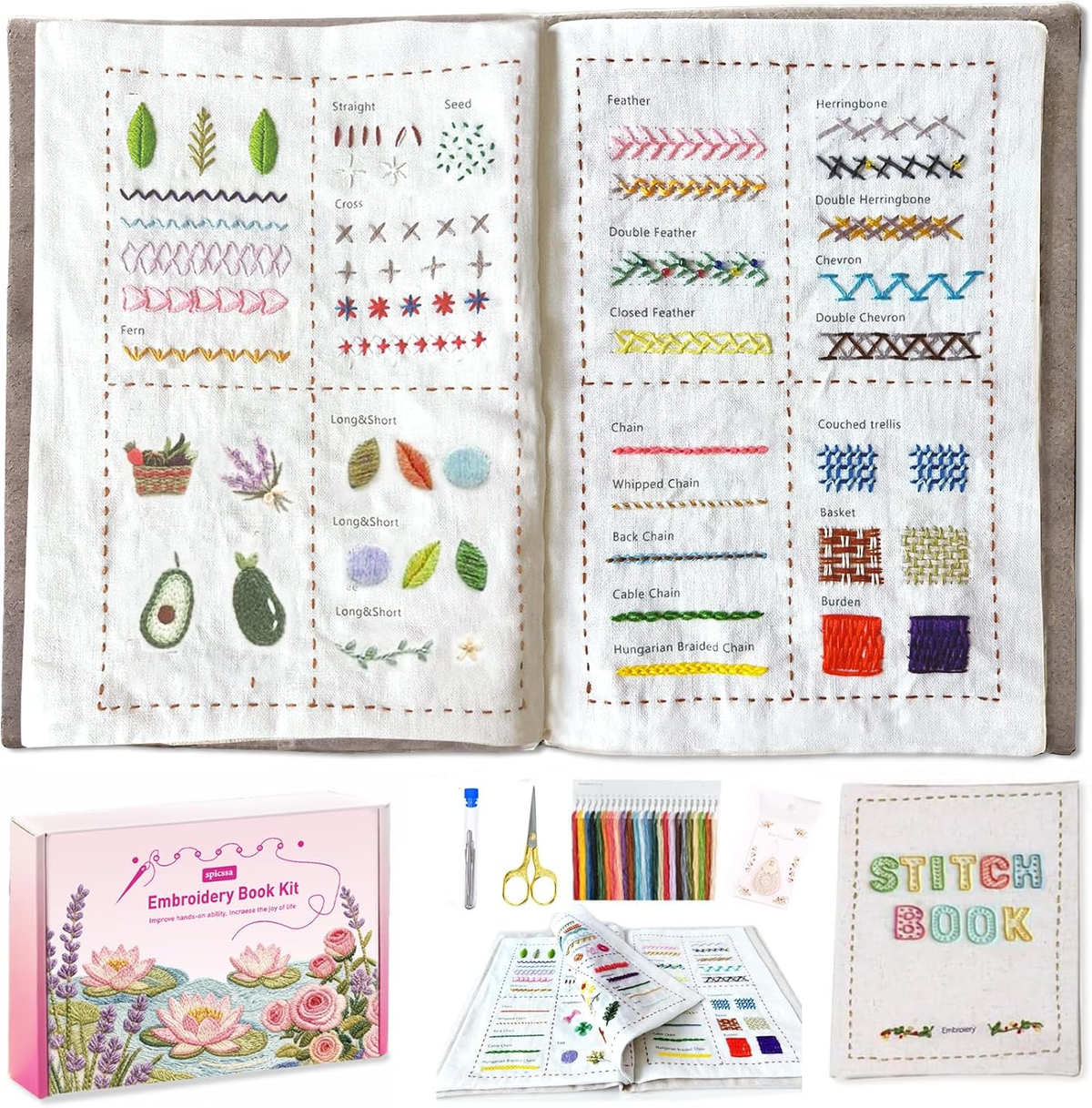 2026 Upgraded DIY Stitch Book Kit, Embroidery Stitch Book Kit, Comprehensive Guide with Various Patterns, Complete Toolkit and Video Tutorials, Perfect for Beginners and Craft Lovers