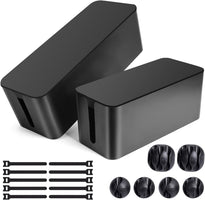 Cable Management Box, 2 Pack Large & Medium Cable Organizer Box with 17 PCS Cable Management Set, Cord Organizer Box to Hide Surge Protector on Desk or Floor (Black)
