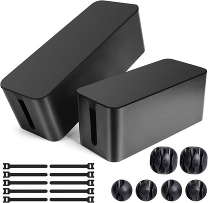 Cable Management Box, 2 Pack Large & Medium Cable Organizer Box with 17 PCS Cable Management Set, Cord Organizer Box to Hide Surge Protector on Desk or Floor (Black)