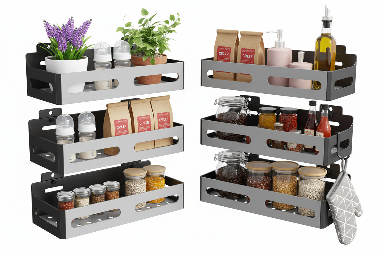 4 Pack Strong Magnetic Spice Rack for Refrigerator, Multipurpose Magnetic Shelf for Fridge with 4 Hooks for kitchen and Bathroom Organization, Black