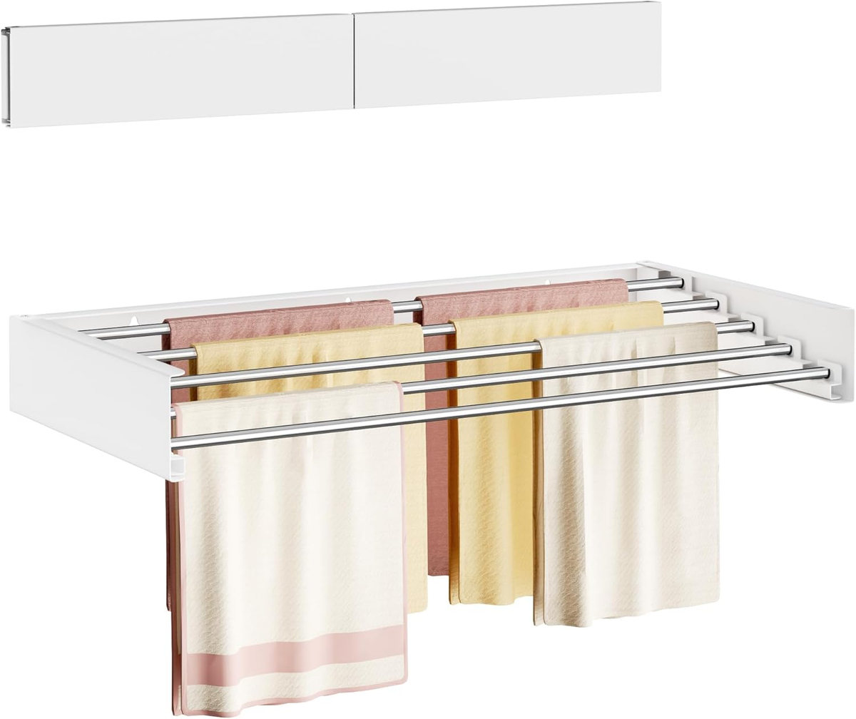 Wall Mounted Clothes Drying Rack Folding Indoor, Foldable Laundry Drying Rack Collapsible,Invisible, Space Saving, Retractable Towel Drying Rack, with Wall Template(5 Drying Rods, White 32
